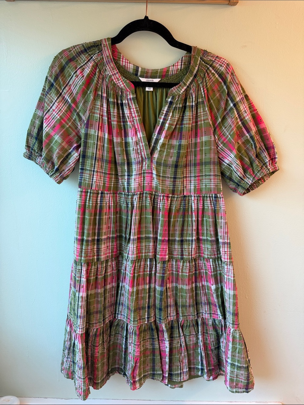 crown & ivy Green and Pink Plaid Tiered Kids Dress